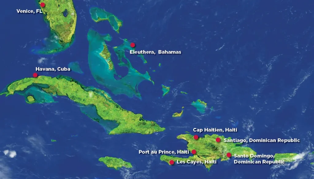 Map showing Florida, Cuba, Bahamas, Haiti, and Dominican Republic