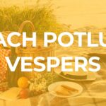 Beach picnic scene with bold “BEACH POTLUCK VESPERS” text