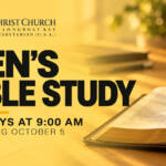 Men's Bible study announcement with open Bible and coffee mug