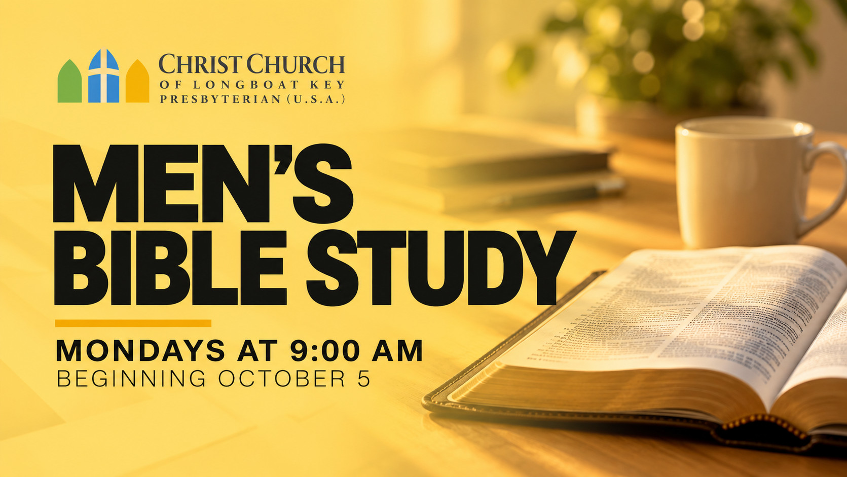 Men's Bible study announcement with open Bible and coffee mug